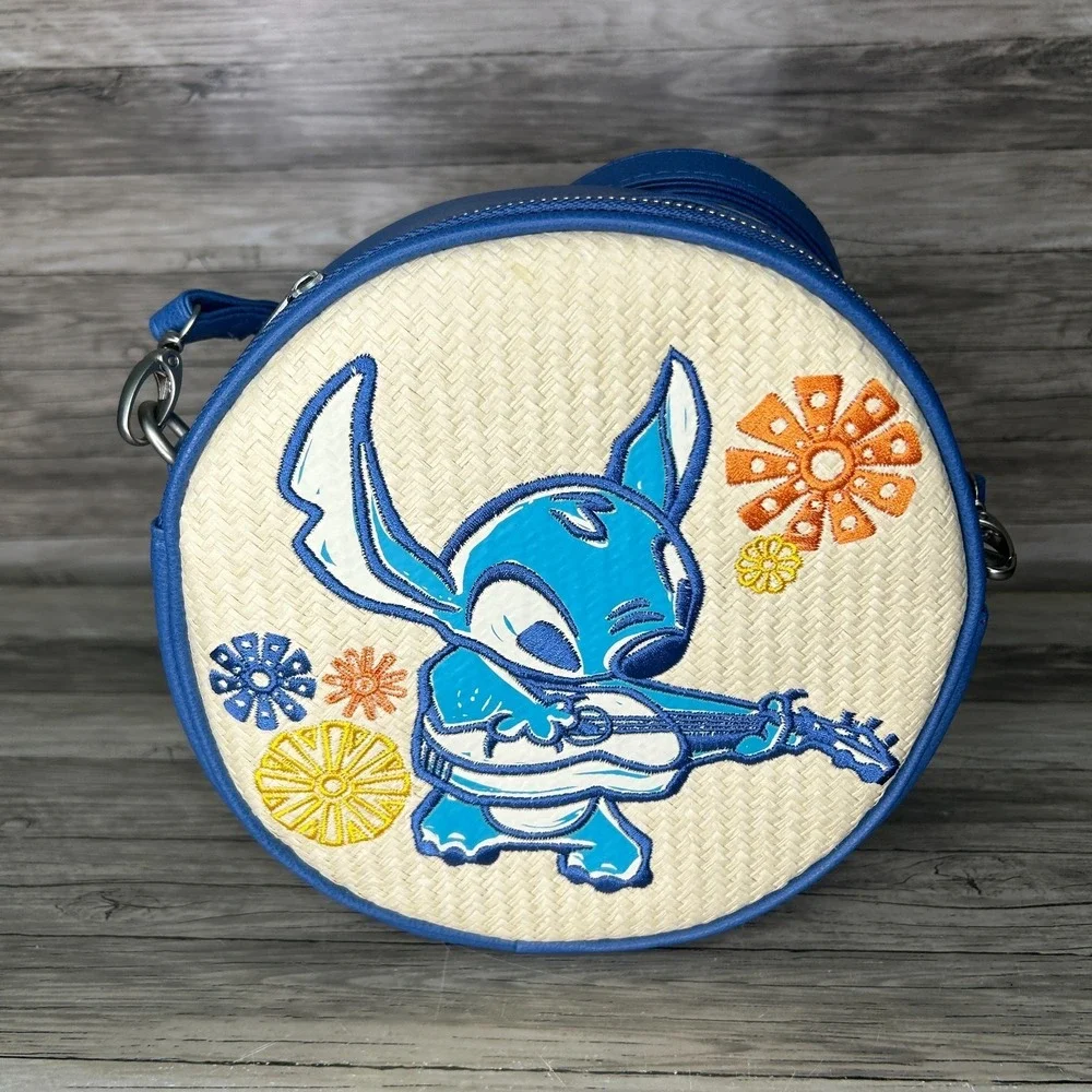 Disney Lilo And Stitch Stitch With Ukulele Woven Straw Crossbody Round Purse